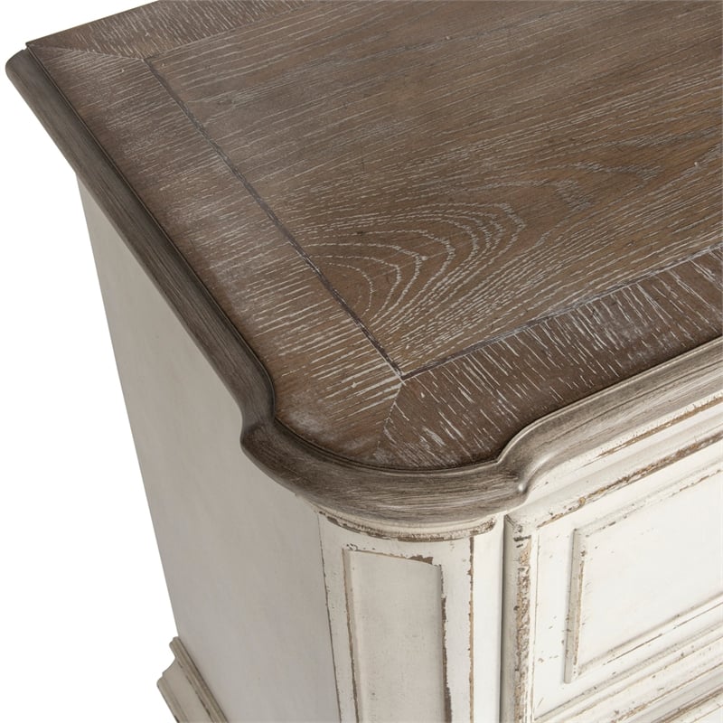 Pemberly Row Farmhouse White 2 Drawer Night Stand with Antique Brass Knobs