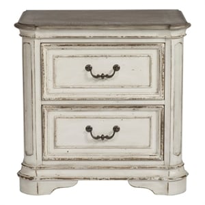 Pemberly Row Farmhouse White 2 Drawer Night Stand with Antique Brass Knobs