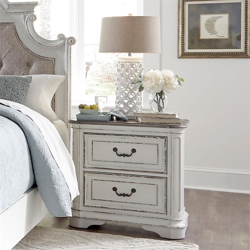 Pemberly Row Farmhouse White 2 Drawer Night Stand with Antique Brass Knobs