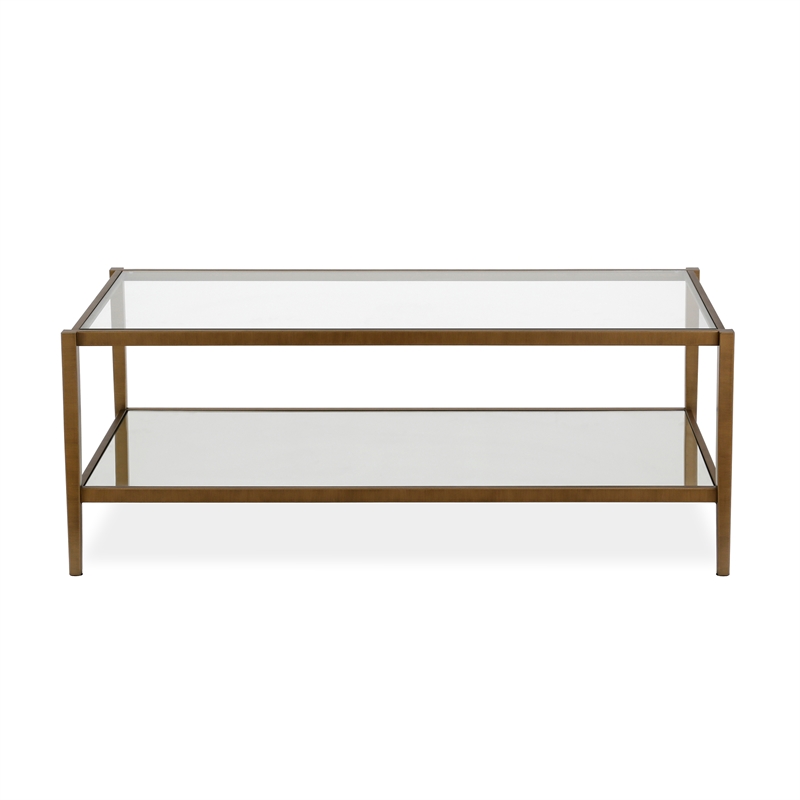 Pemberly Row Modern Rectangle Coffee Table in Brass and Gold with Mirrored Shelf