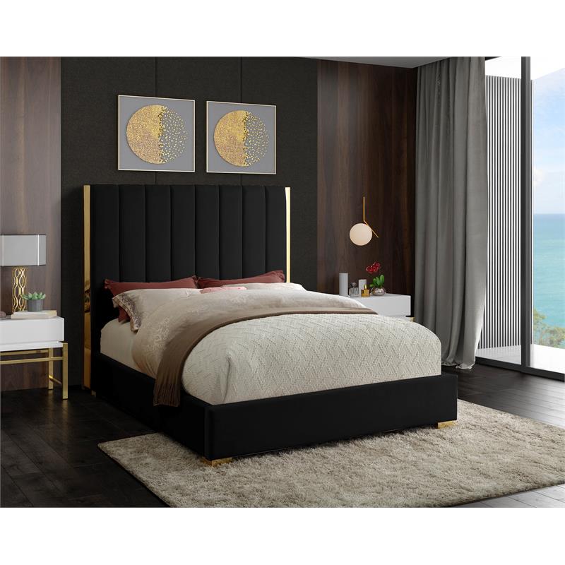 Pemberly Row Modern Metal and Velvet Queen Bed in Black Finish