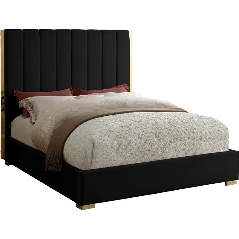 Pemberly Row Modern Metal and Velvet Queen Bed in Black Finish