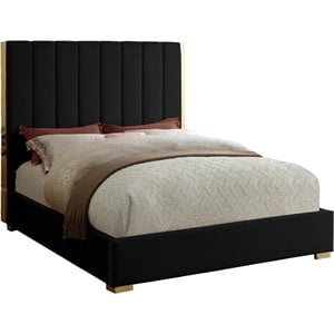 Pemberly Row Modern Metal and Velvet Queen Bed in Black Finish