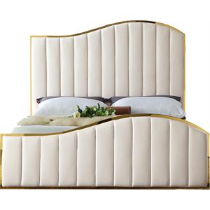 Pemberly Row Modern Solid Wood and Velvet King Bed in Cream Finish