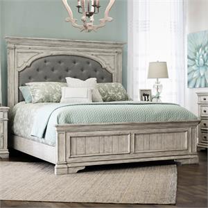 Pemberly Row Farmhouse Rustic Ivory Wood Upholstered Panel Queen Bed