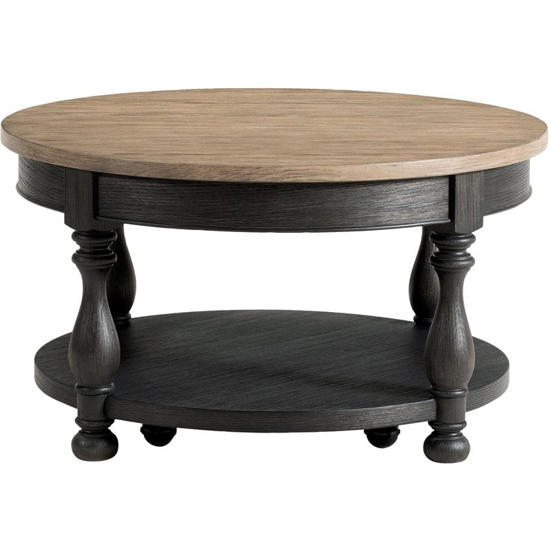 Pemberly Row Wood Coffee Table in Antique Oak and Matte Black
