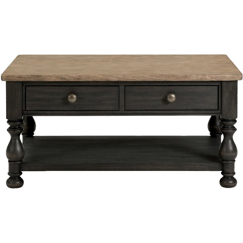 Pemberly Row Wood Coffee Table in Antique Oak and Matte Black