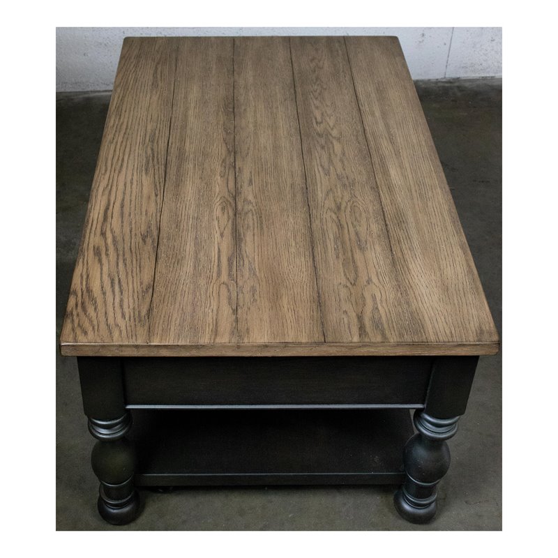 Pemberly Row Wood Coffee Table in Antique Oak and Matte Black