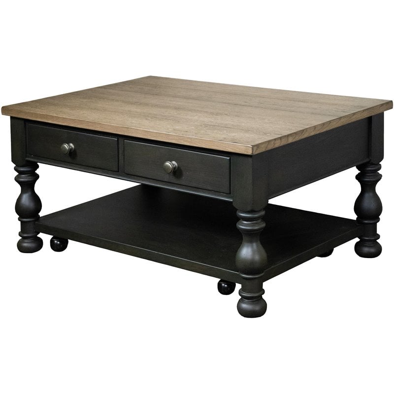 Pemberly Row Wood Coffee Table in Antique Oak and Matte Black