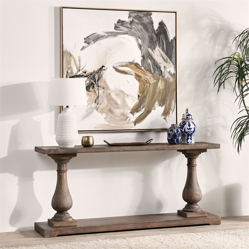 Pemberley Row Reclaimed Pine Rustic Brown Console Table Rectangular Hand-Carved 71