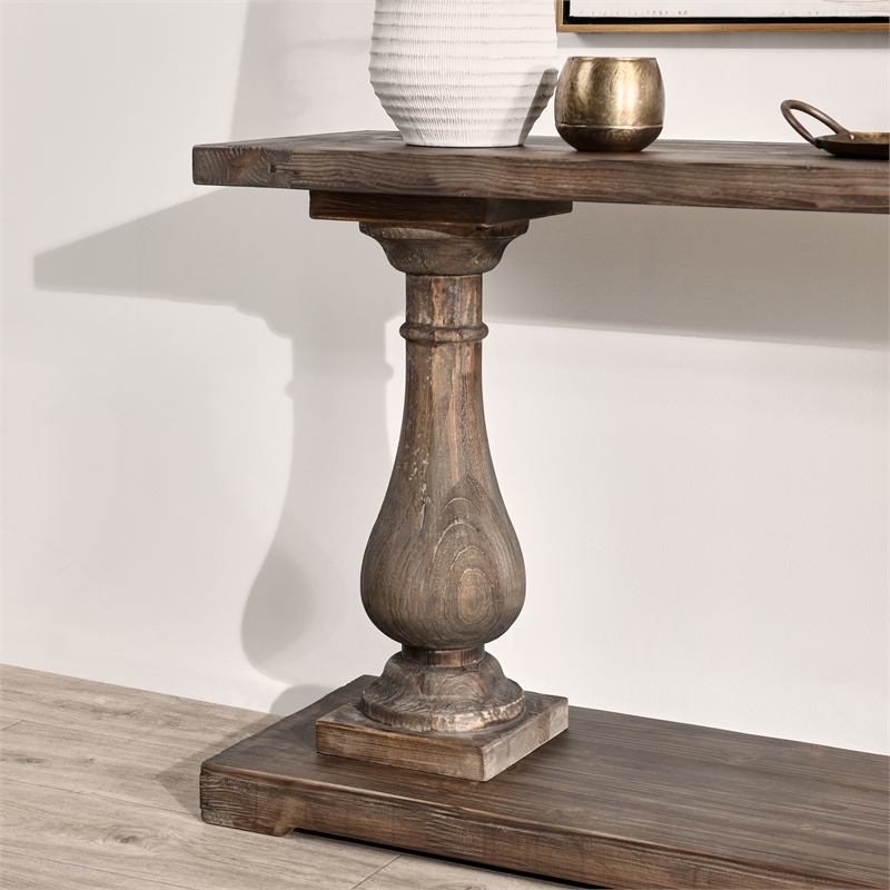 Pemberley Row Reclaimed Pine Rustic Brown Console Table Rectangular Hand-Carved 71