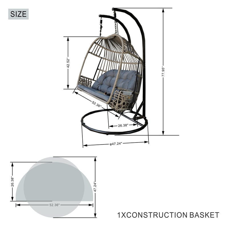 Pemberly Row Double Seat Patio Swing Chair with Gray Cushion
