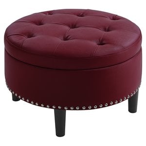 Pemberly Row 30&quot Round Faux Leather Tufted Storage Ottoman in Brick Red