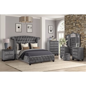 Pemberly Row Wood King 5 Pc Vanity Upholstery Bedroom Set in Gray