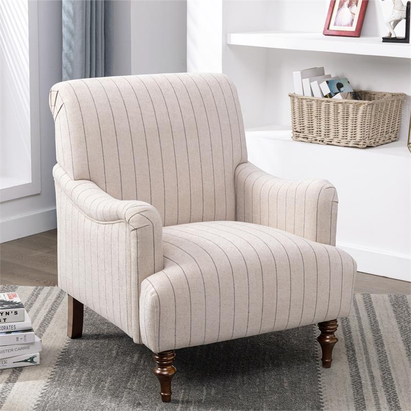 Pemberly Row Sea Oat Beige with Charcoal Stripe Polyester Fabric Arm Chair