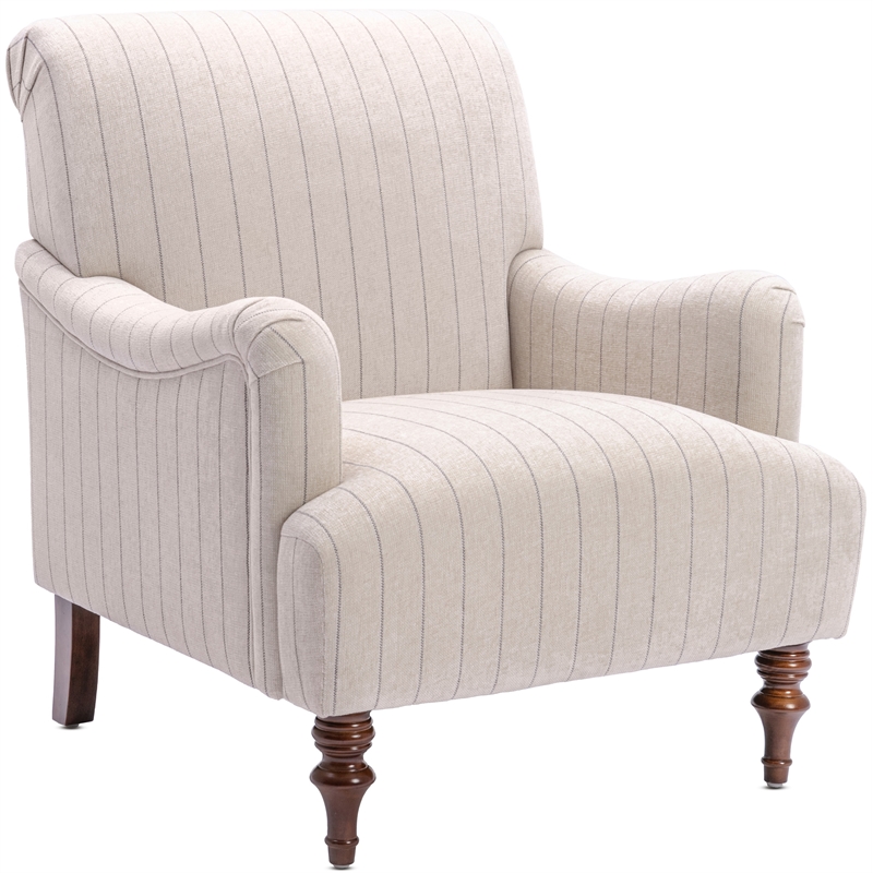 Pemberly Row Sea Oat Beige with Charcoal Stripe Polyester Fabric Arm Chair
