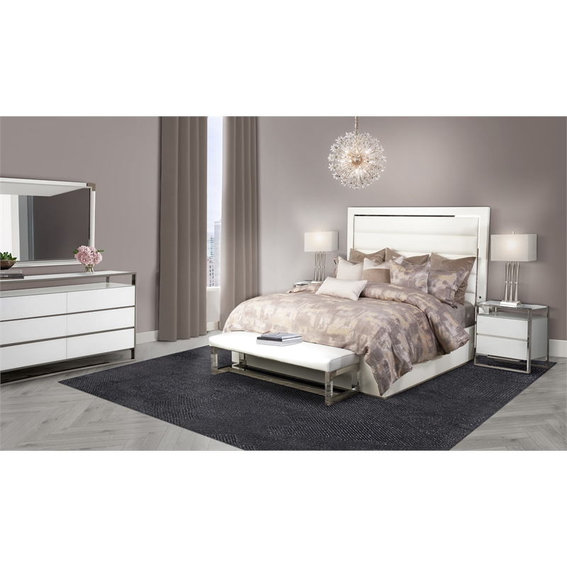 Pemberly Row Modern Metal & Vinyl Queen Panel Bed in Off White