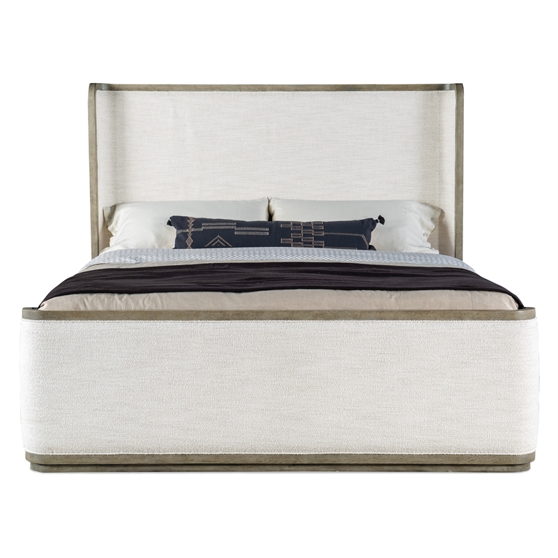 Pemberly Row Modern Queen Beige Fabric Upholstered Shelter Bed
