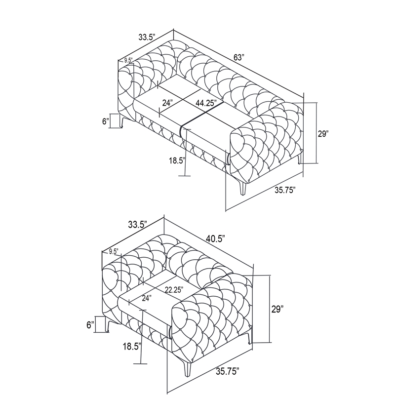 Pemberly Row 3- Piece Button Tufted Velvet Fabric Livingroom Set -Gray