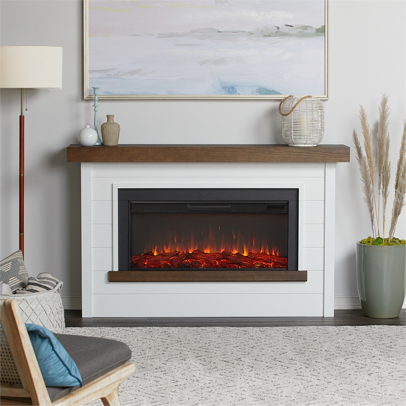Pemberly Row Solid Wood Steel Glass Landscape Electric Fireplace in White