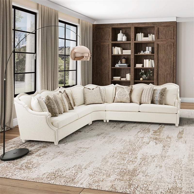 Pemberly Row Traditional Boucle Sofa in French Vanilla/Classic Pearl