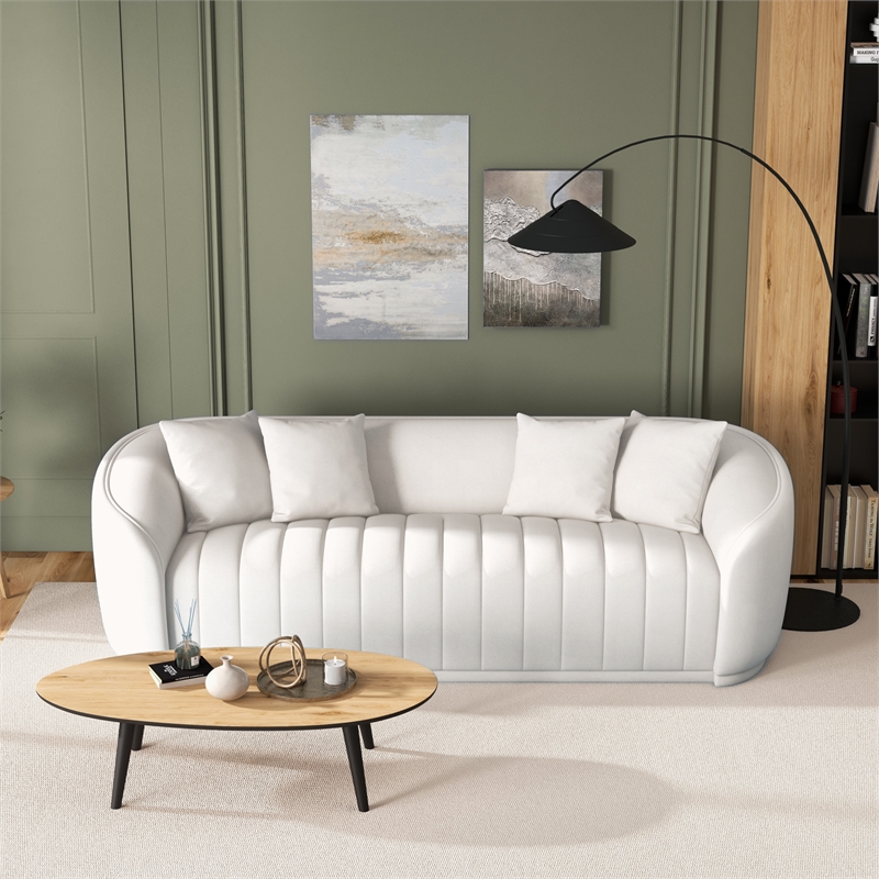 Pemberly Row Mid-Century Modern Luxury Tight Back Boucle Couch in White