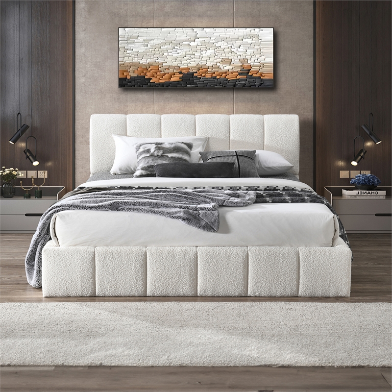 Pemberly Row Upholstered Fabric & Solid Wood King Platform Bed in White