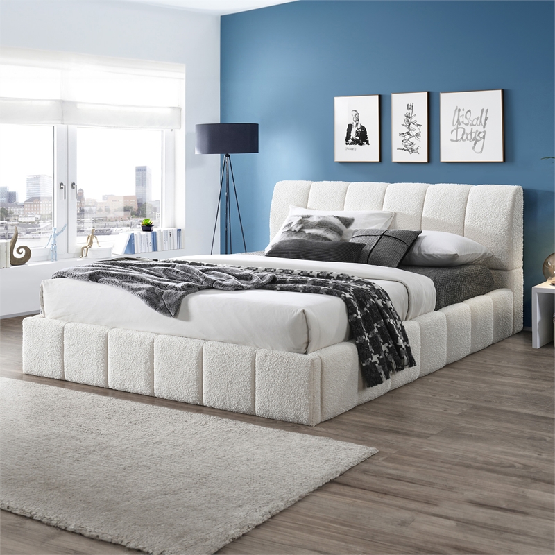 Pemberly Row Upholstered Fabric & Solid Wood King Platform Bed in White