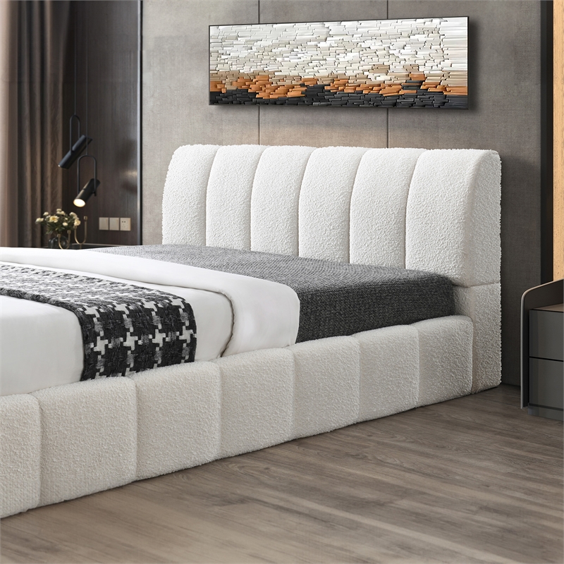 Pemberly Row Upholstered Fabric & Solid Wood King Platform Bed in White