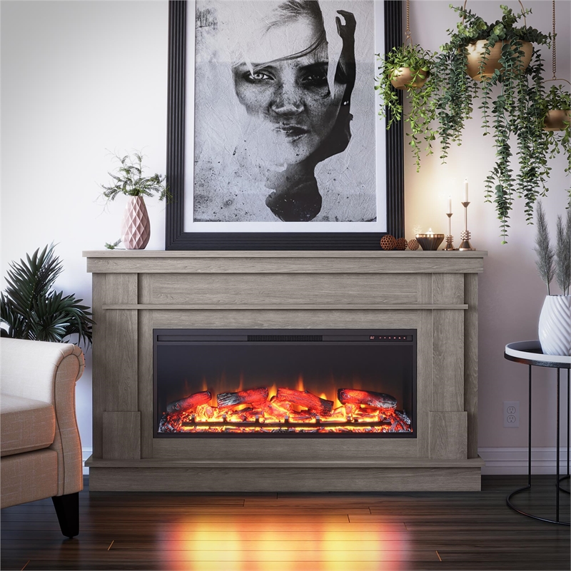 Pemberly Row Wide Mantel with Linear Electric Fireplace in Rustic Gray