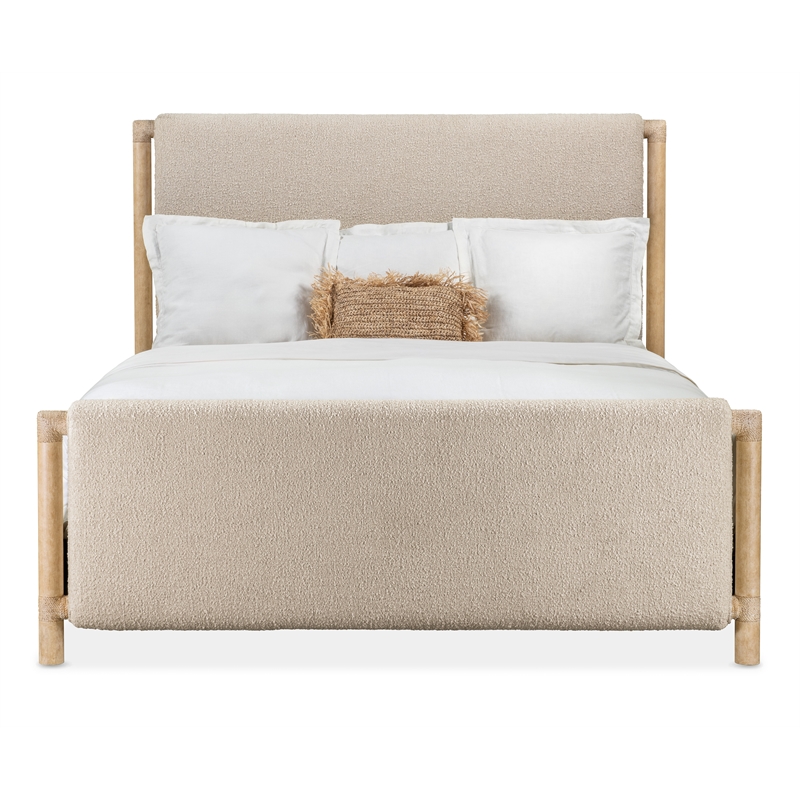 Pemberly Row Transitional Queen Upholstered Panel Bed in Beige Wood