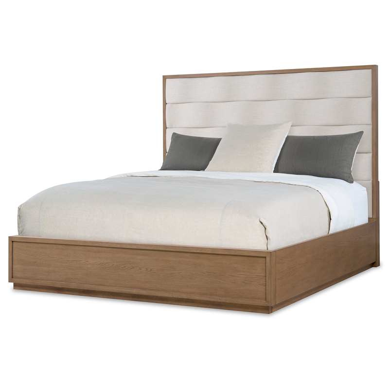 Pemberly Row Transitional Queen Upholstered Bed in Beige Wood