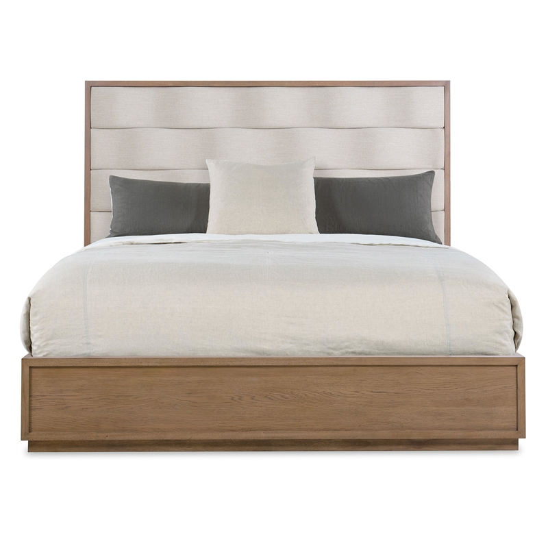 Pemberly Row Transitional Queen Upholstered Bed in Beige Wood