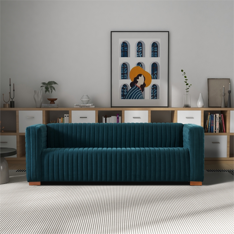 Pemberly Row Mid-Century Modern Tuxedo Arm Velvet Living Room Sofa in Blue