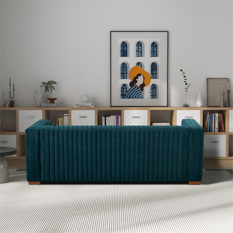 Pemberly Row Mid-Century Modern Tuxedo Arm Velvet Living Room Sofa in Blue