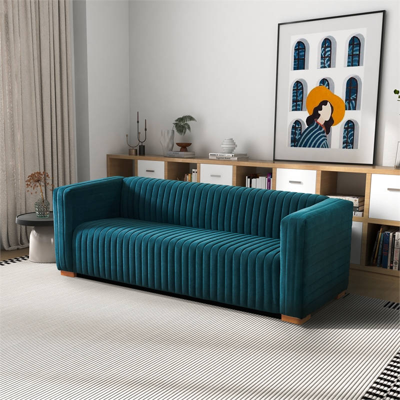 Pemberly Row Mid-Century Modern Tuxedo Arm Velvet Living Room Sofa in Blue