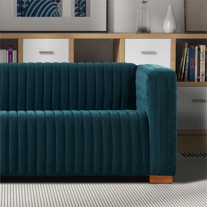 Pemberly Row Mid-Century Modern Tuxedo Arm Velvet Living Room Sofa in Blue