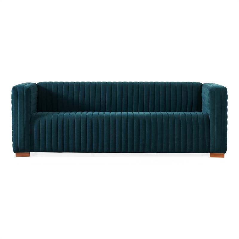 Pemberly Row Mid-Century Modern Tuxedo Arm Velvet Living Room Sofa in Blue