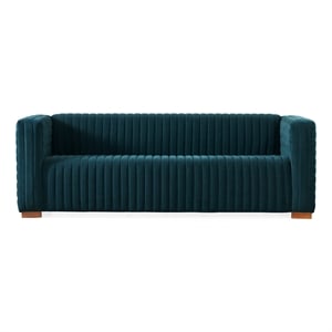 Pemberly Row Mid-Century Modern Tuxedo Arm Velvet Living Room Sofa in Blue