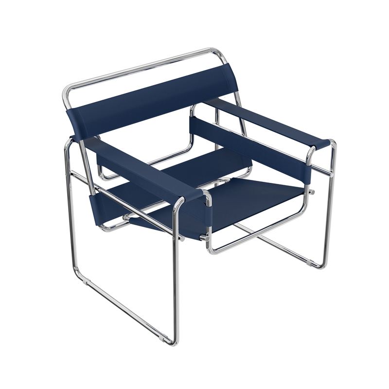 Pemberly Row Saddle Leather Armchair Stainless Steel Frame Accent Chair - Blue
