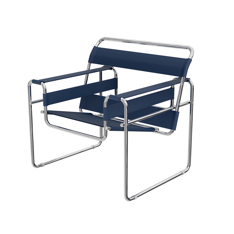 Pemberly Row Saddle Leather Armchair Stainless Steel Frame Accent Chair - Blue