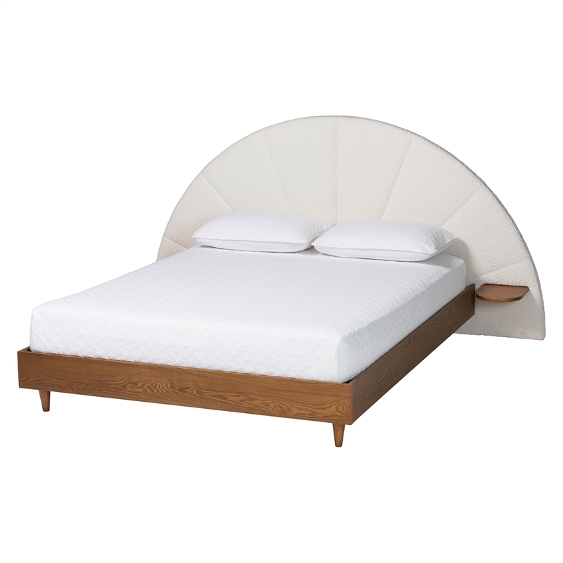 Pemberly Row Japandi Cream Boucle and Walnut Brown Wood King Bed