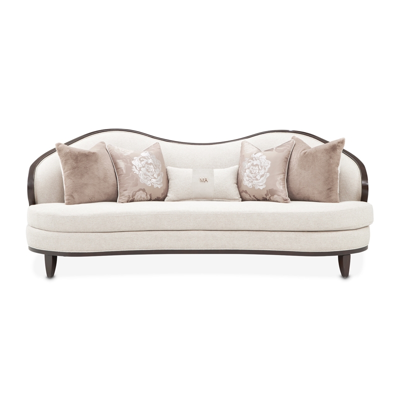 Pemberly Row Transitional Chenille Sofa in Linen/Warm Pecan Finish