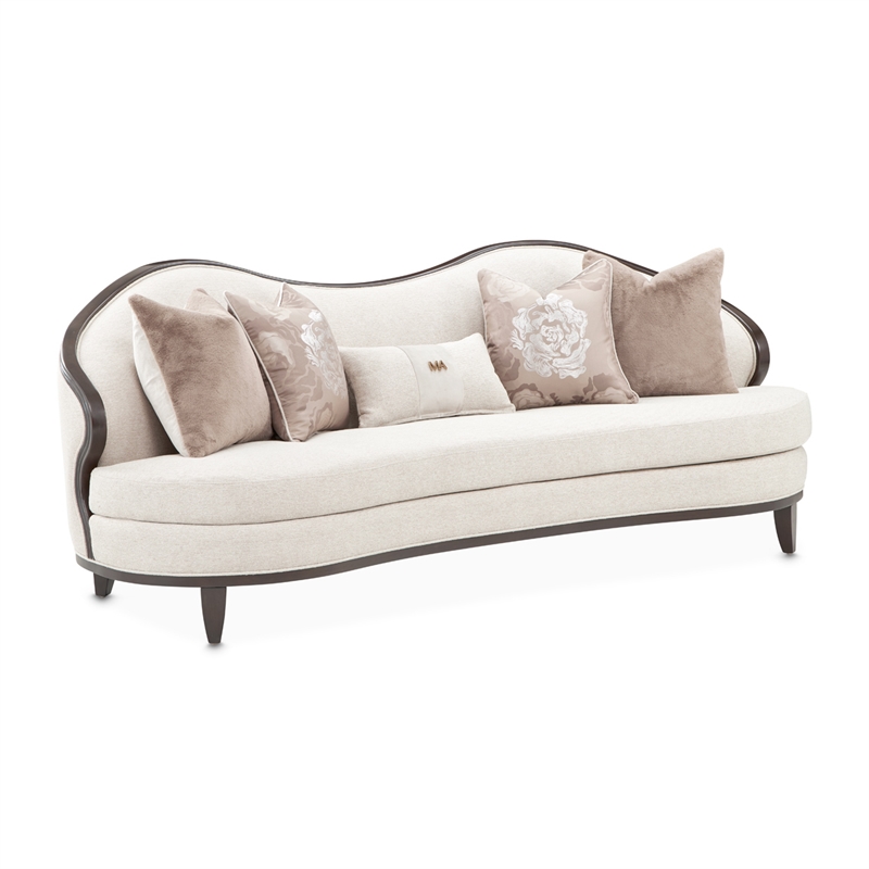 Pemberly Row Transitional Chenille Sofa in Linen/Warm Pecan Finish