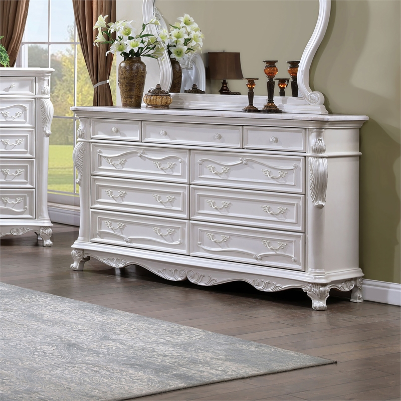Pemberly Row Traditional 9-Drawer Solid Wood Dresser in White
