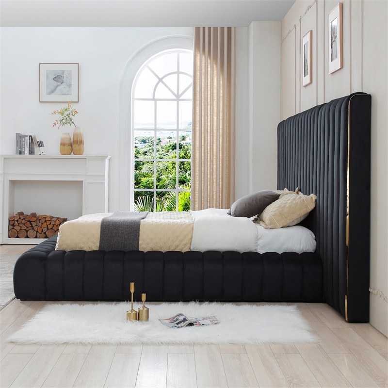 Pemberly Row Velvet Upholstered Queen Platform Bed with Wings in Black