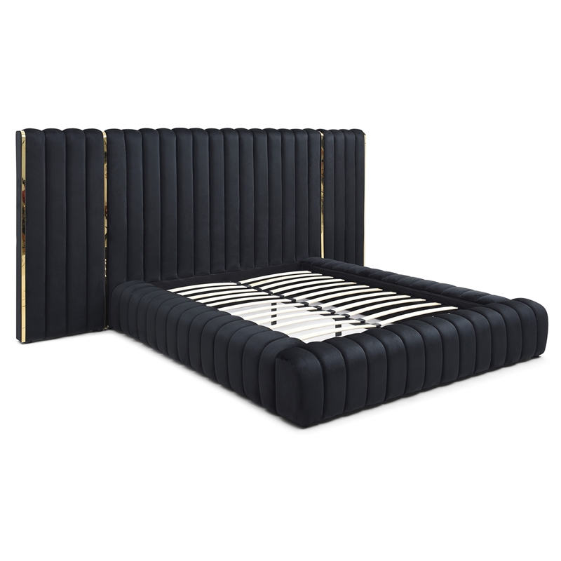 Pemberly Row Velvet Upholstered Queen Platform Bed with Wings in Black