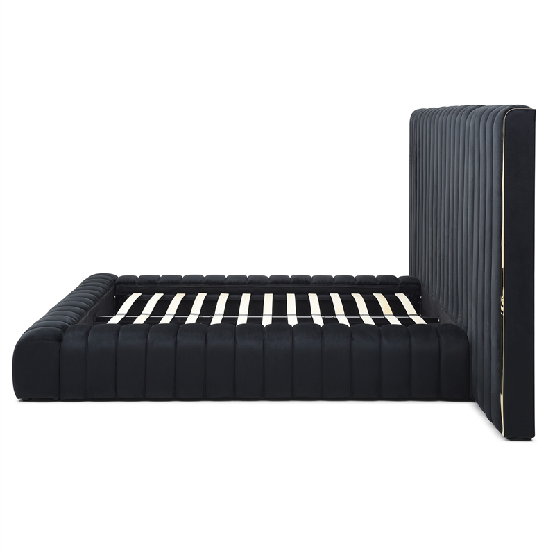 Pemberly Row Velvet Upholstered Queen Platform Bed with Wings in Black