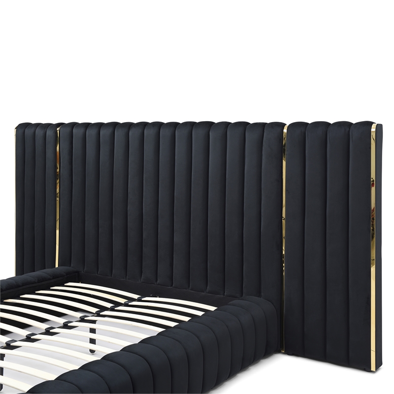 Pemberly Row Velvet Upholstered Queen Platform Bed with Wings in Black