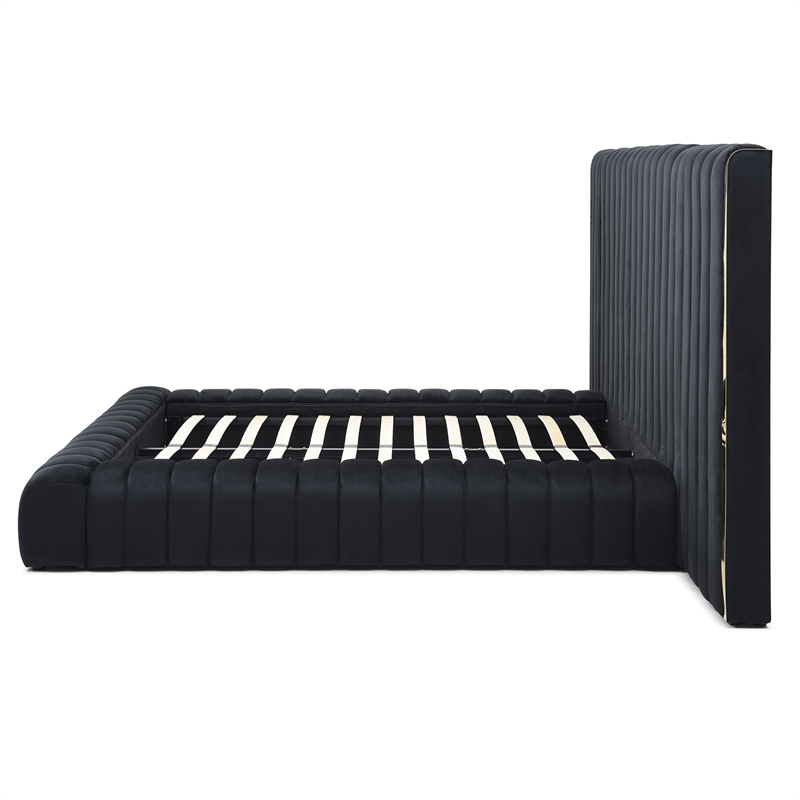 Pemberly Row Velvet Upholstered Queen Platform Bed with Wings in Black